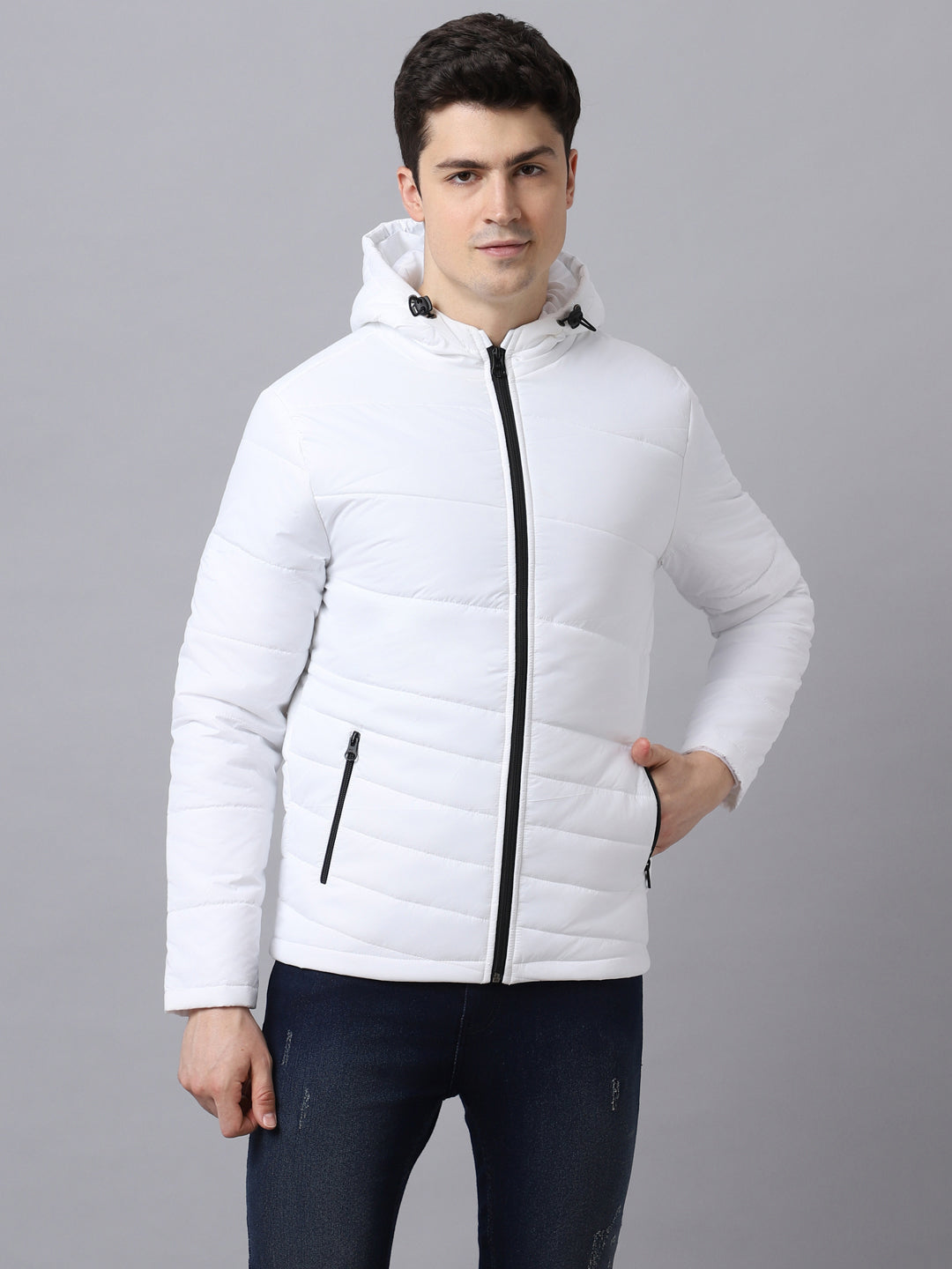 Men's White Full Sleeve Zippered Hooded Neck Puffer Jacket