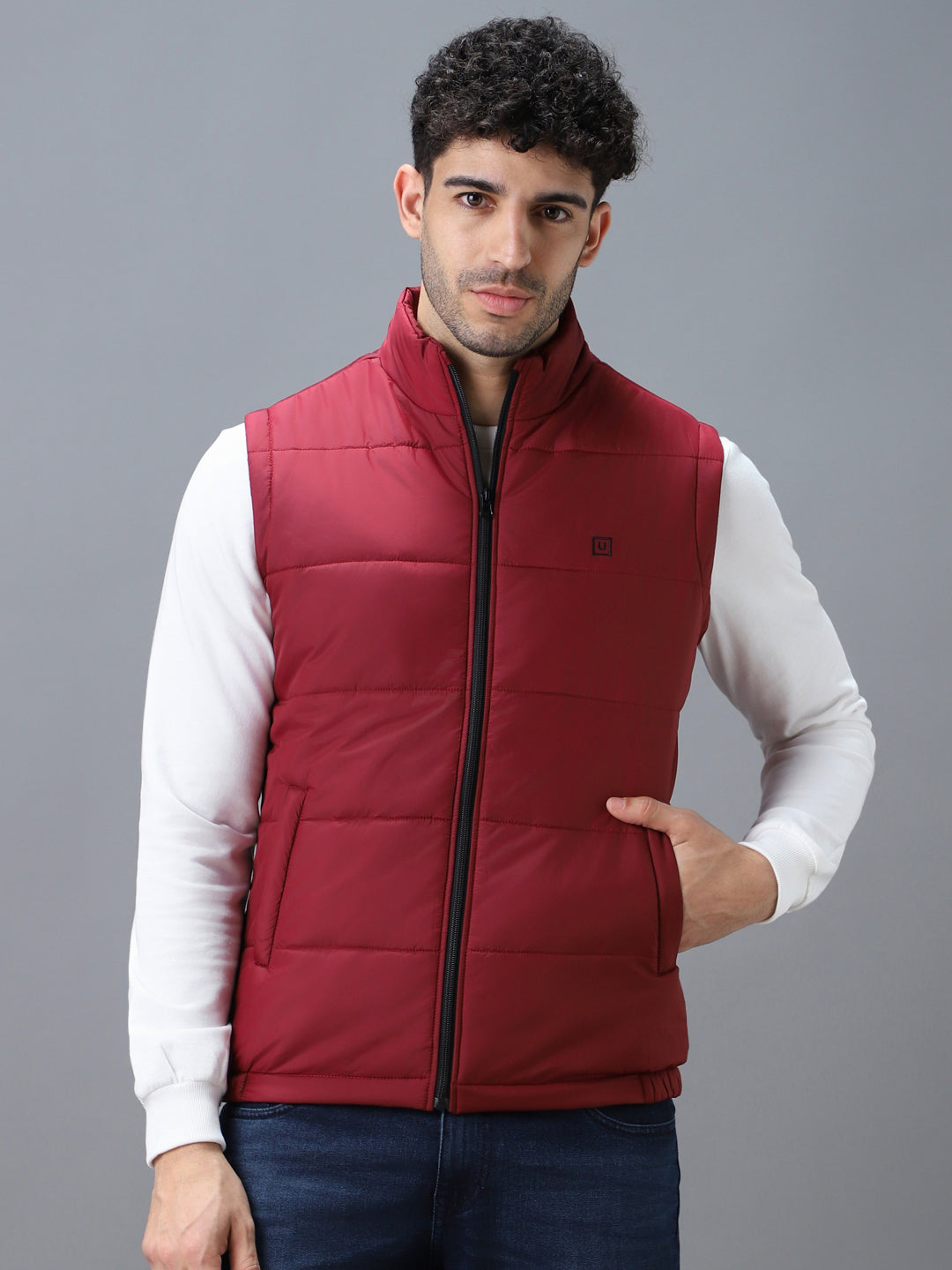 Men's Red Sleeveless Zippered Puffer Jacket