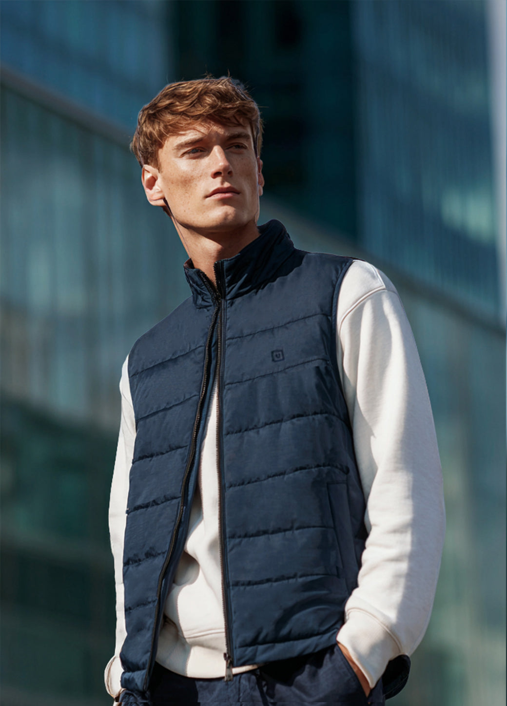 Men's Blue Sleeveless Zippered Puffer Jacket