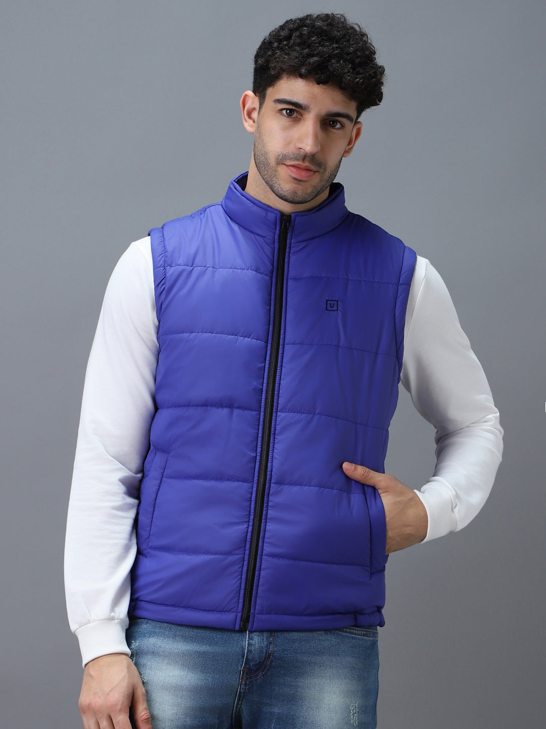 Men's Blue Sleeveless Zippered Puffer Jacket