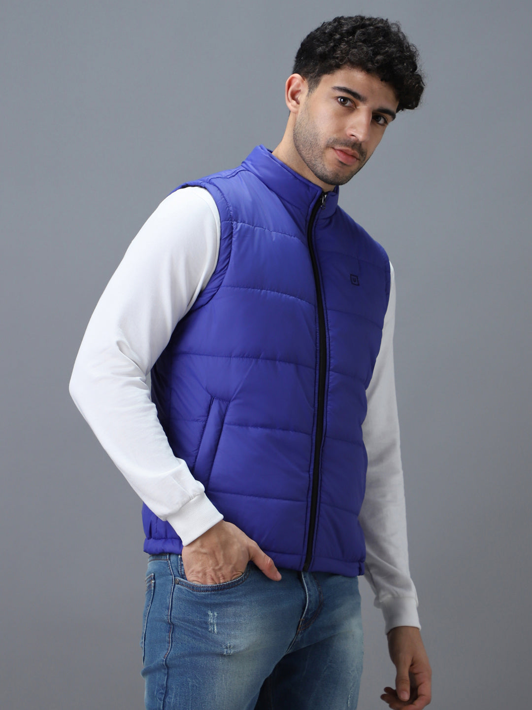 Men's Blue Sleeveless Zippered Puffer Jacket