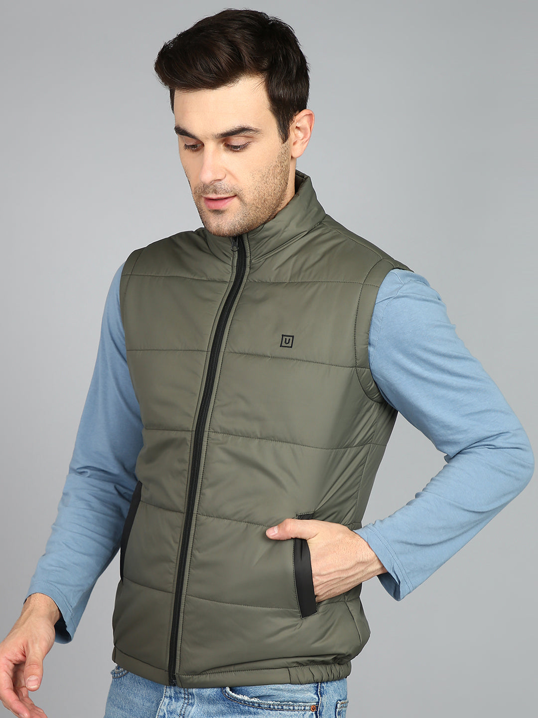 Men's Green Sleeveless Zippered Puffer Jacket