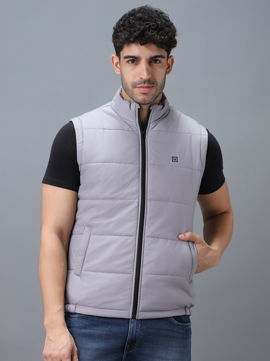 Urbano Fashion Men's Light Grey Sleeveless Zippered Puffer Jacket