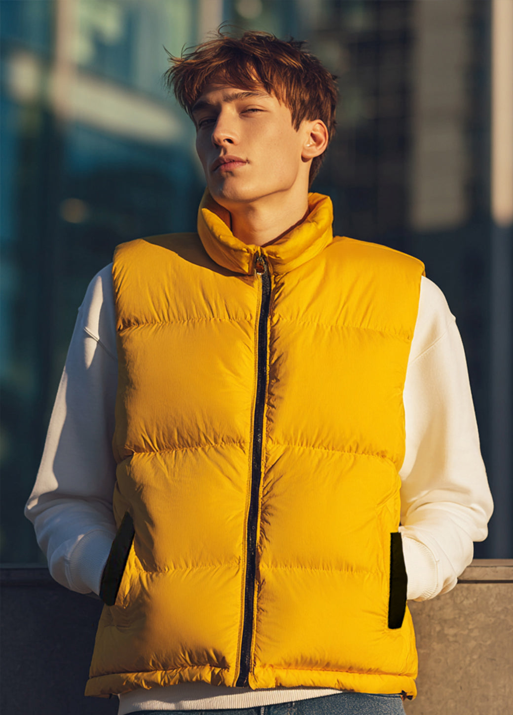 Men's Mustard Sleeveless Zippered Puffer Jacket