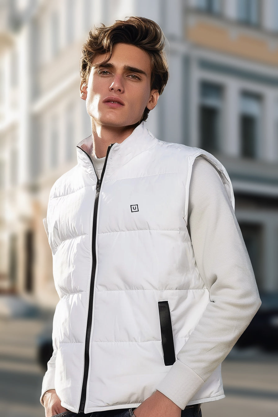 Men's White Sleeveless Zippered Puffer Jacket
