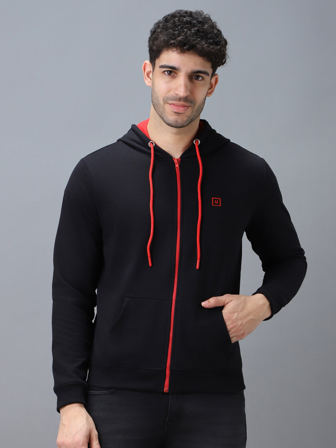 Urbano Fashion Men's Black, Red Cotton Zippered Hooded Sweatshirt