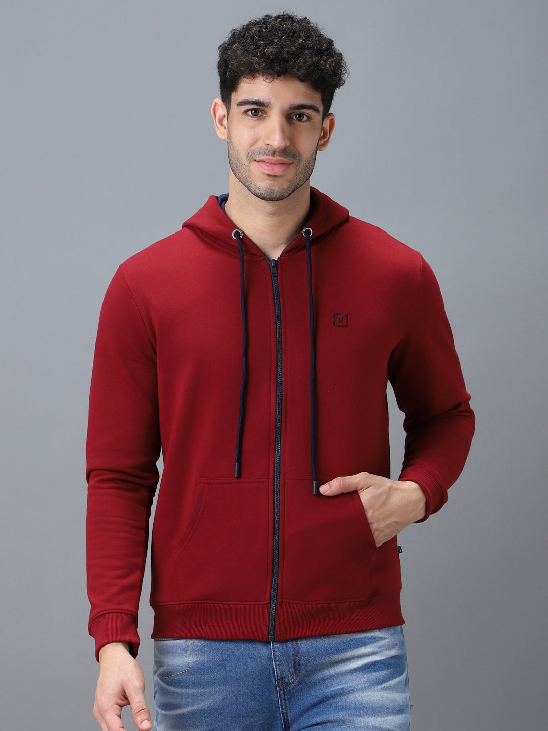 Urbano Fashion Men's Maroon, Navy Cotton Zippered Hooded Sweatshirt