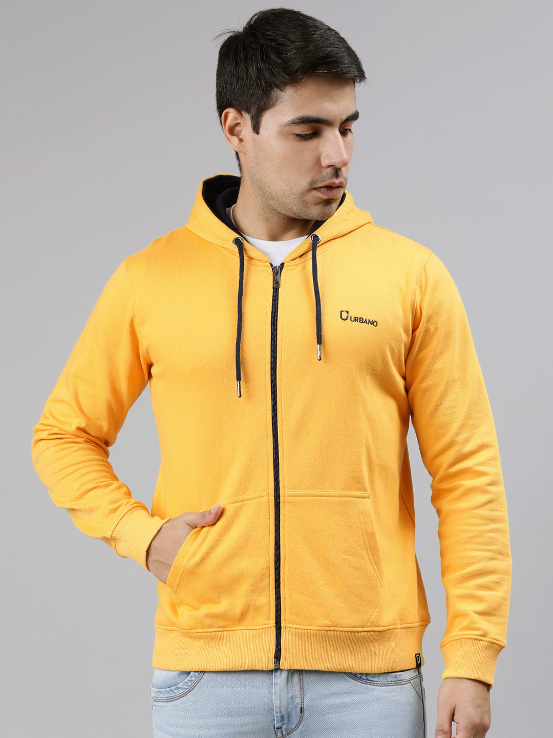 Urbano Fashion Men's Yellow, Navy Cotton Zippered Hooded Sweatshirt