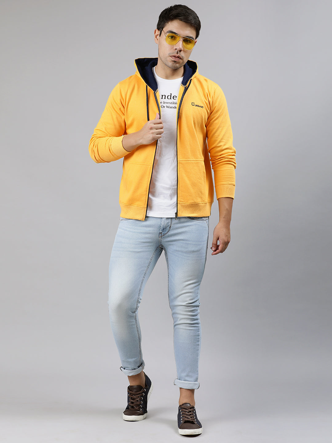 Men's Yellow, Navy Cotton Zippered Hooded Sweatshirt