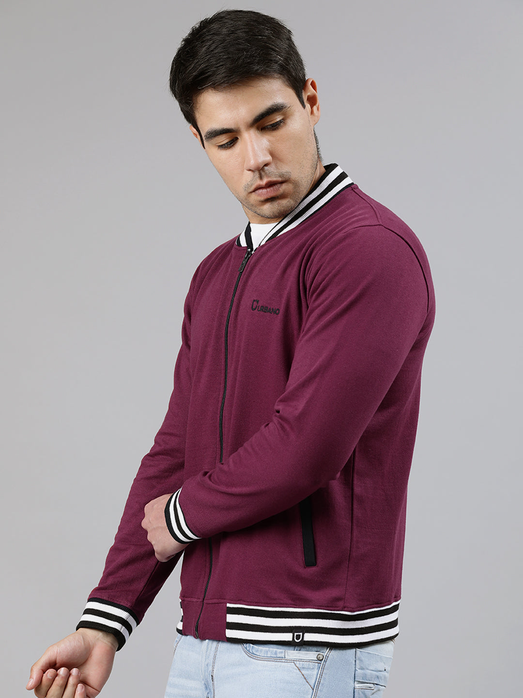 Men's Maroon Cotton Zippered Varsity Sweatshirt