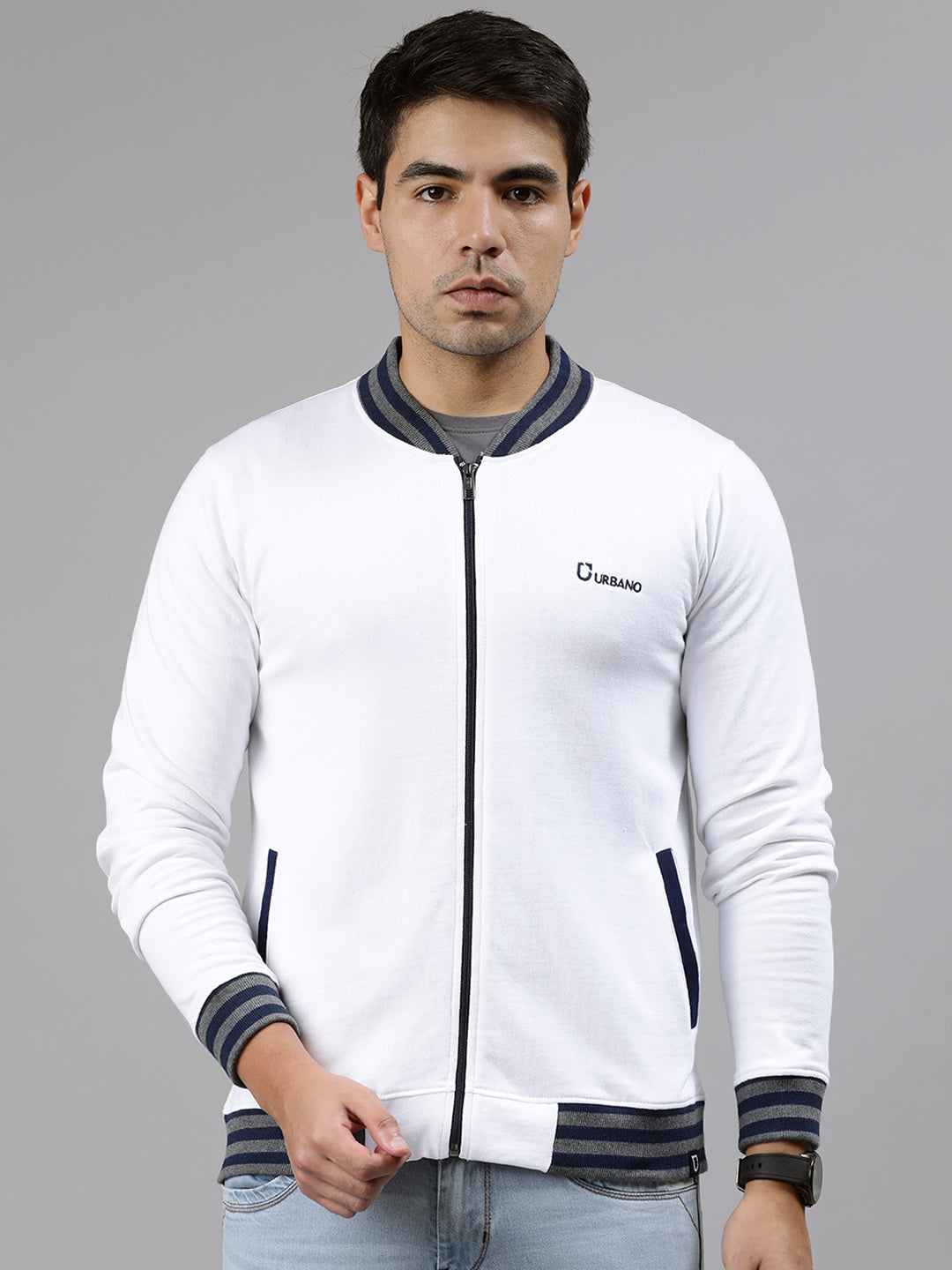 Urbano Fashion Men's White Cotton Zippered Varsity Sweatshirt