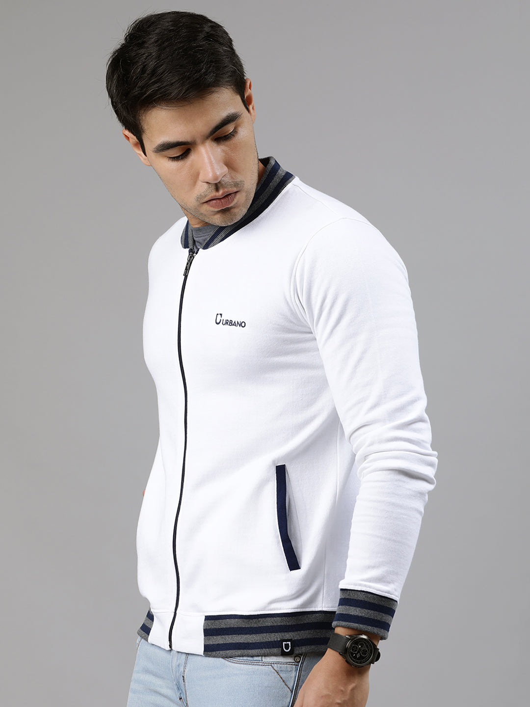 Men's White Cotton Zippered Varsity Sweatshirt