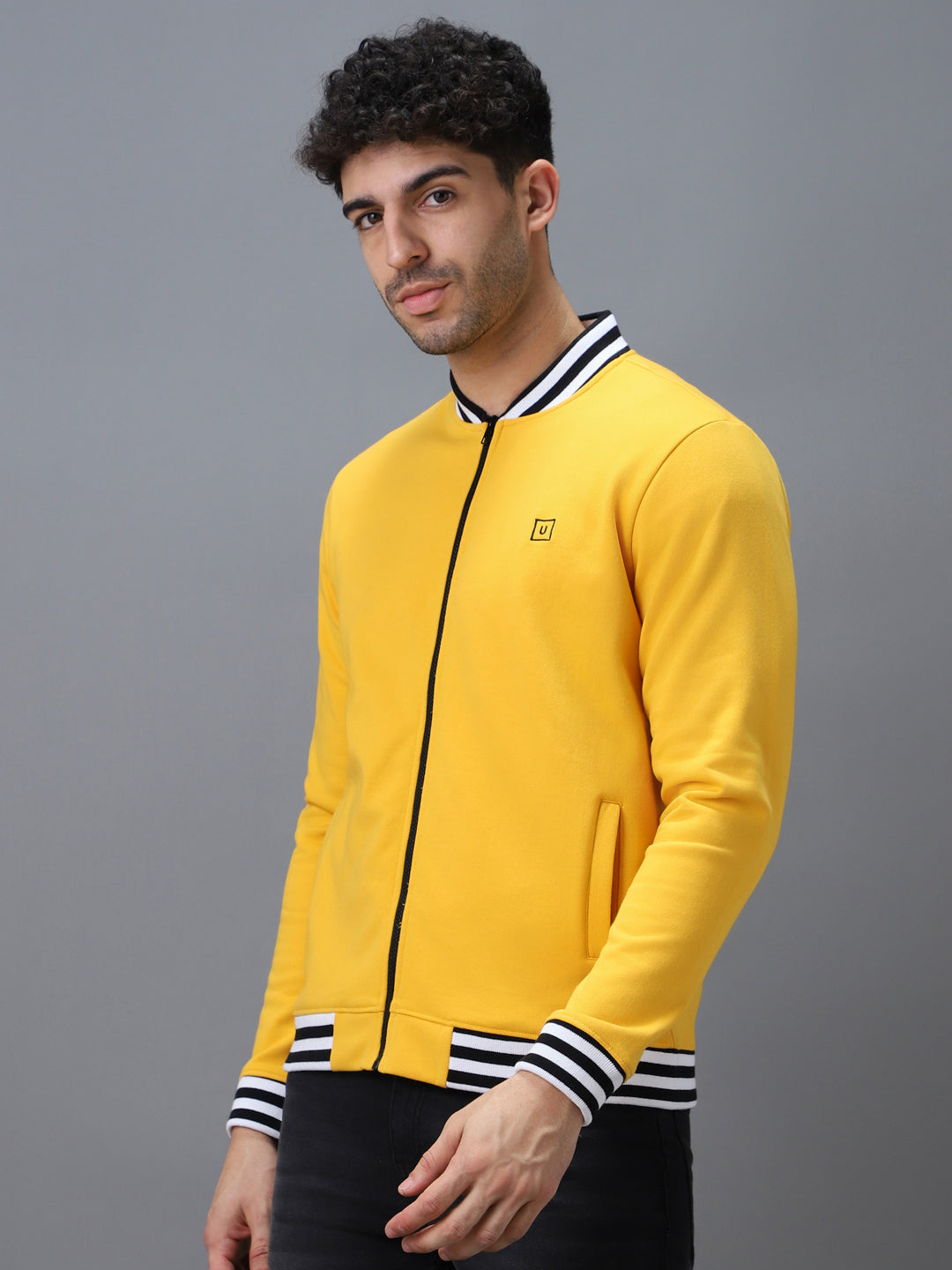 Urbano Fashion Men's Yellow Cotton Zippered Varsity Sweatshirt