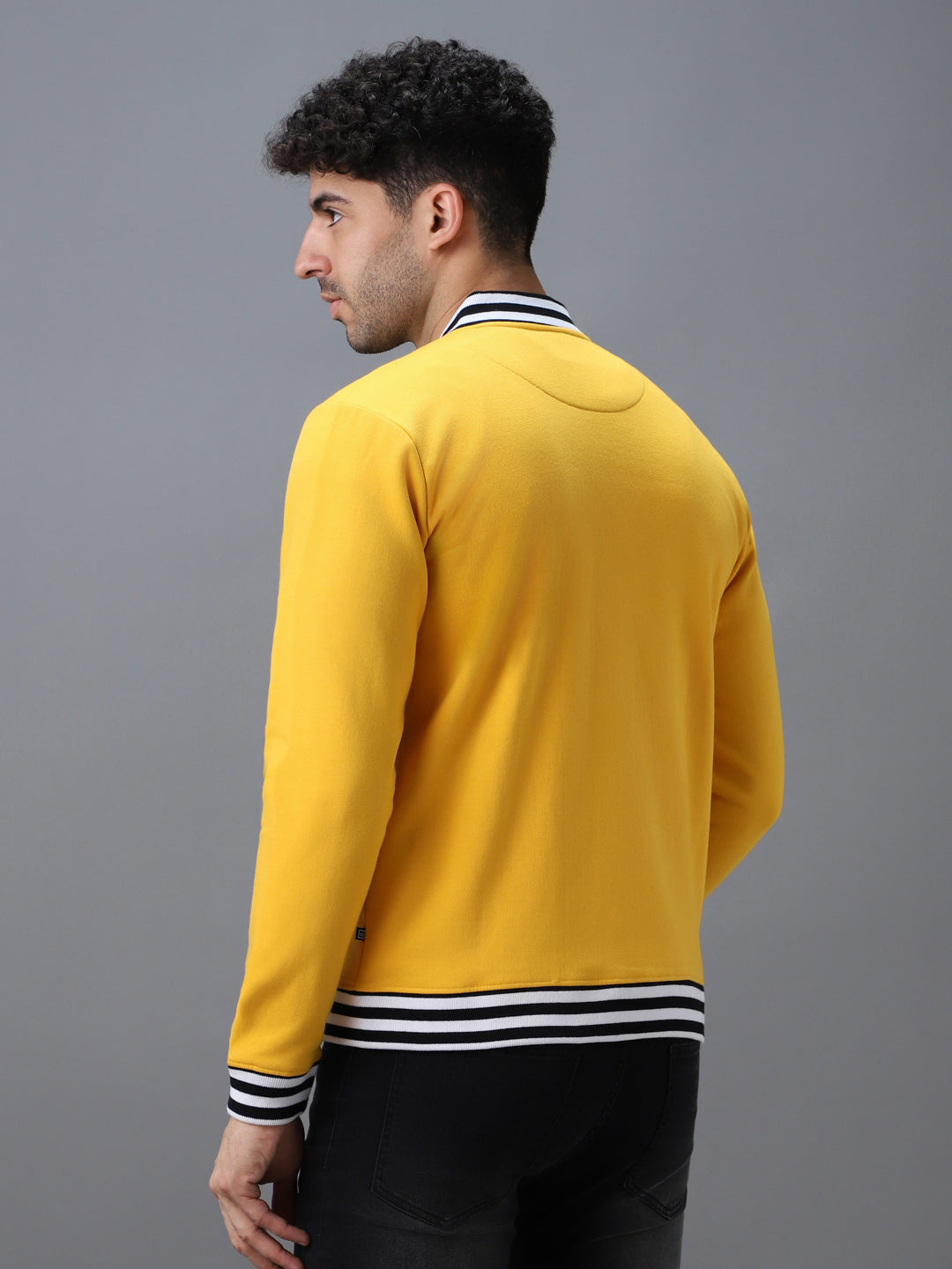 Urbano Fashion Men's Yellow Cotton Zippered Varsity Sweatshirt