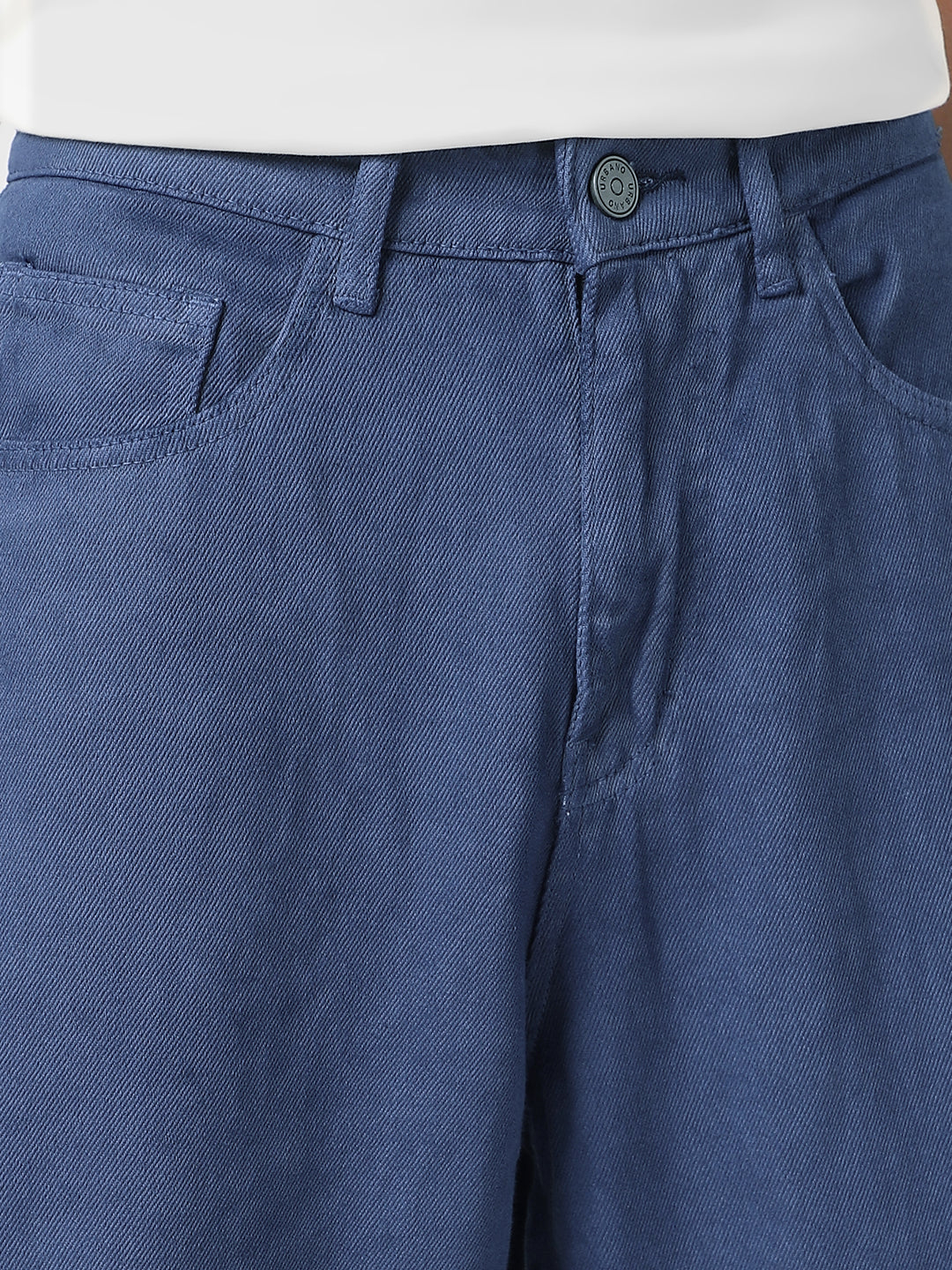 Men's Navy Blue Loose Baggy Fit Washed Jeans Non-Stretchable