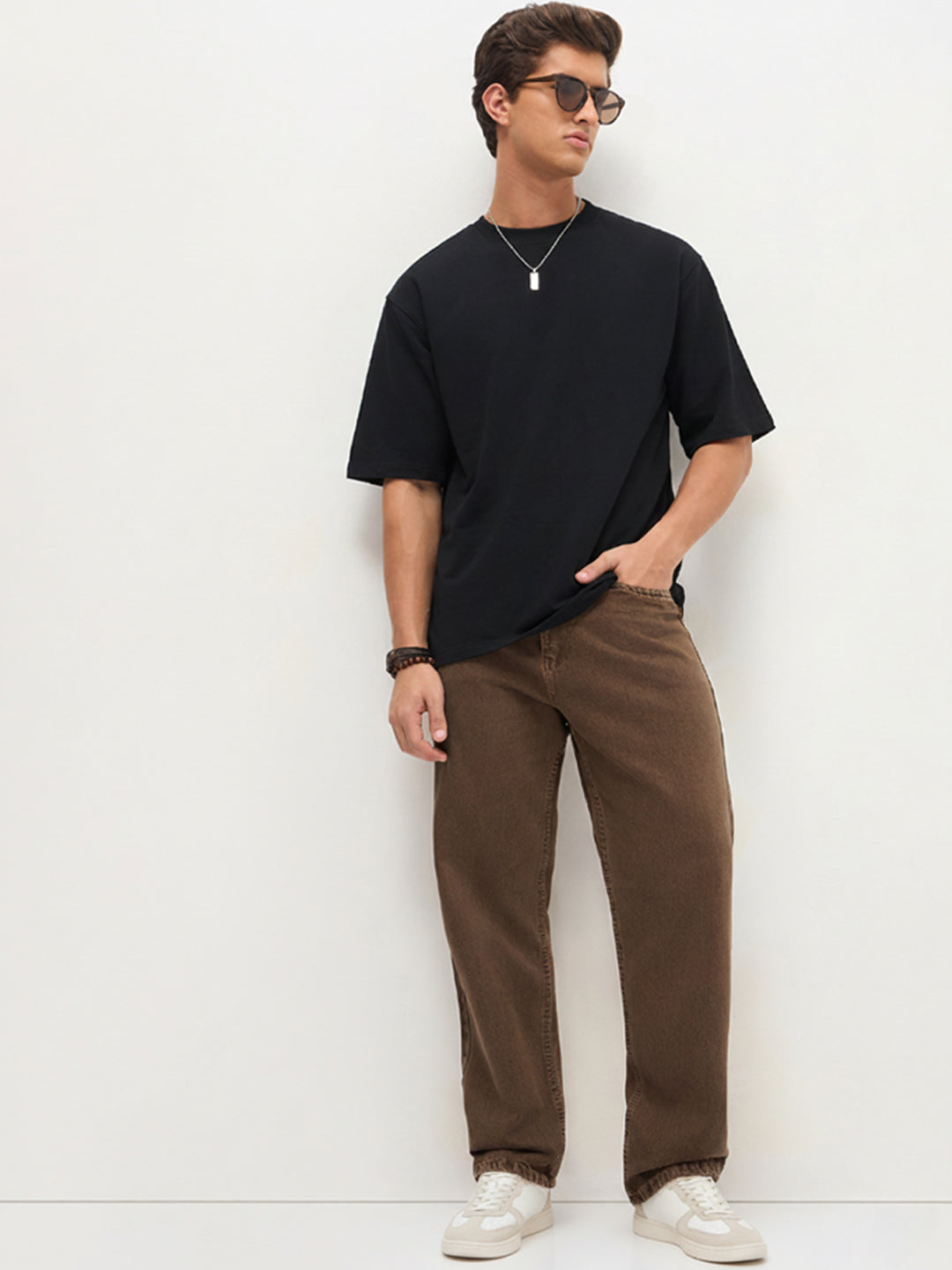 Men's Chocolate Brown Loose Baggy Fit Washed Denim Jeans Non-Stretchable