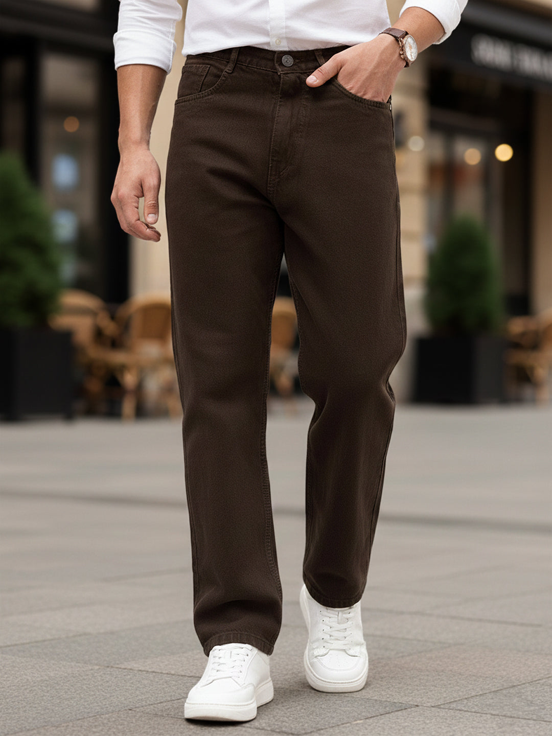 Men's Dark Brown Loose Baggy Fit Washed Denim Jeans Non-Stretchable