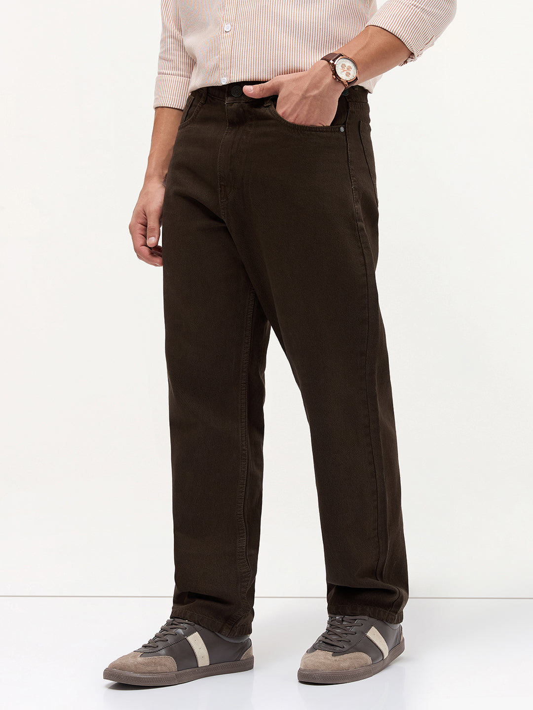 Men's Dark Brown Loose Baggy Fit Washed Denim Jeans Non-Stretchable