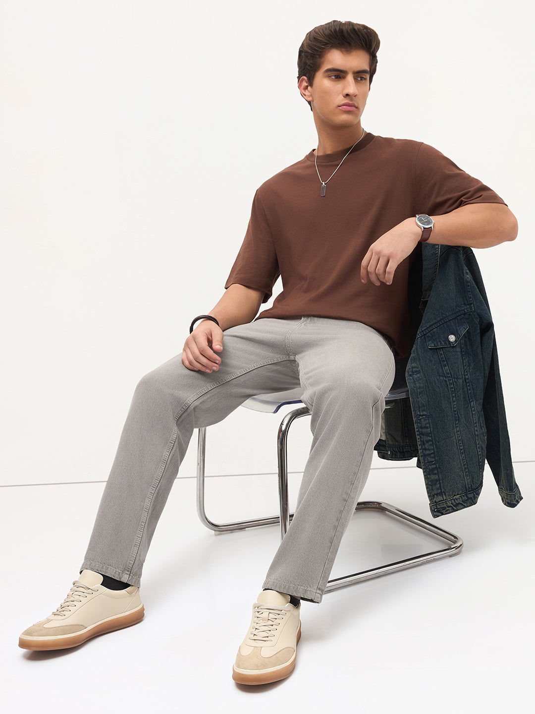 Men's Dusty Grey Loose Baggy Fit Washed Denim Jeans Non-Stretchable