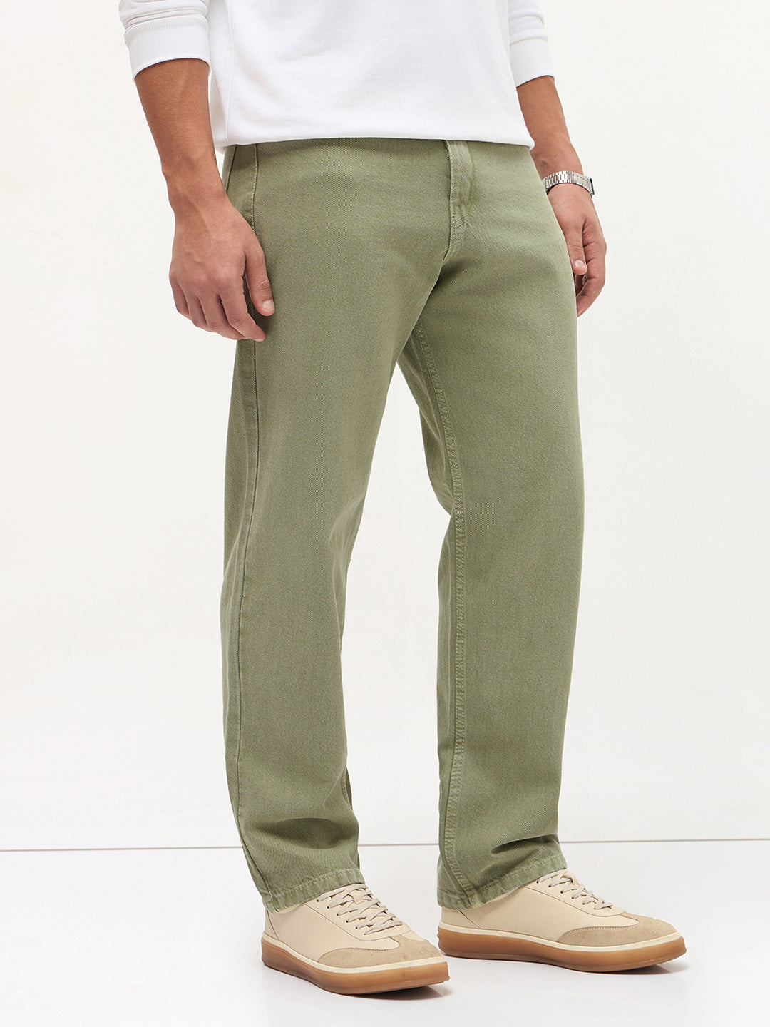 Men's Sage Green Loose Baggy Fit Washed Denim Jeans Non-Stretchable