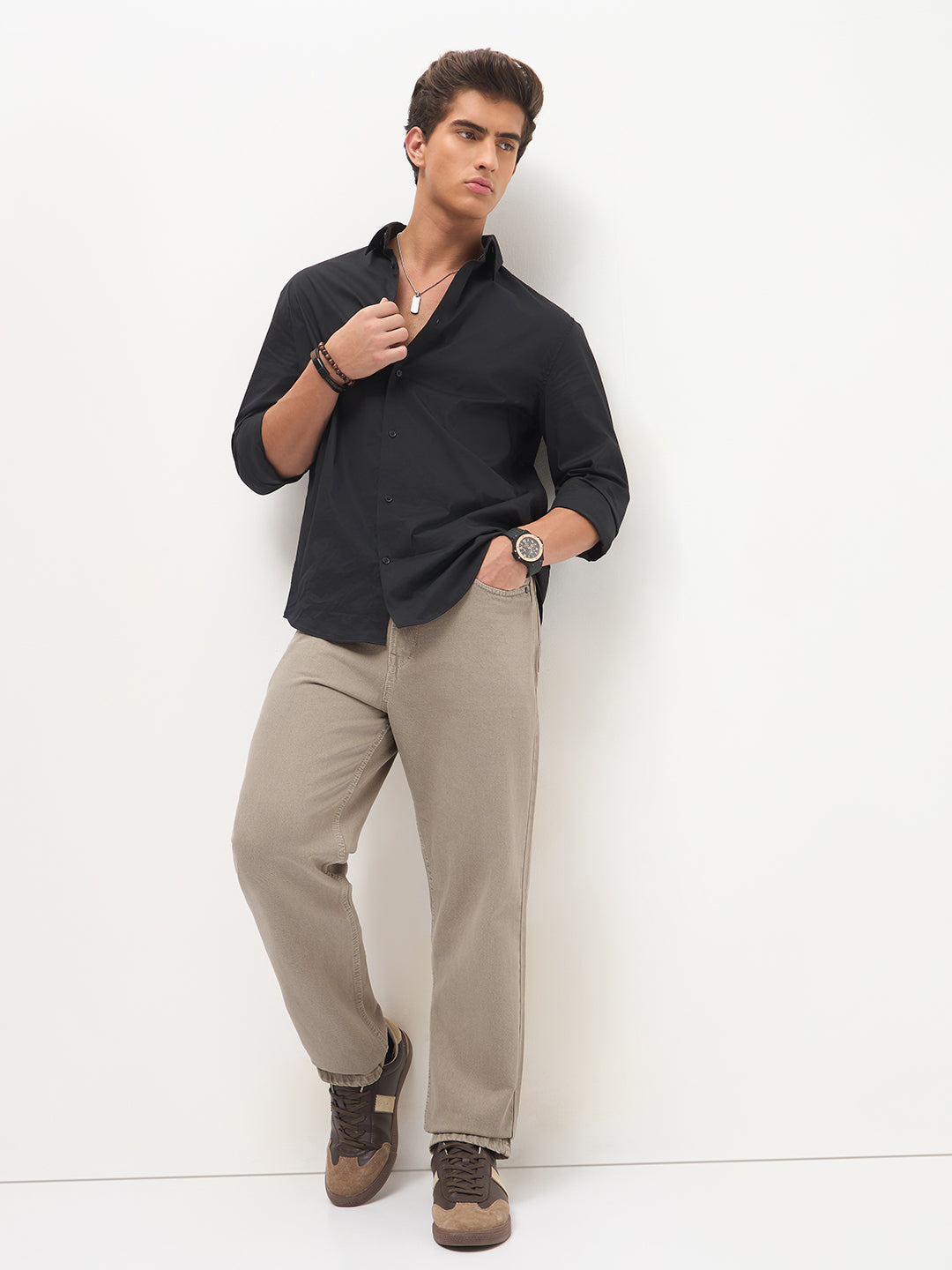 Men's Tan Loose Baggy Fit Washed Denim Jeans Non-Stretchable