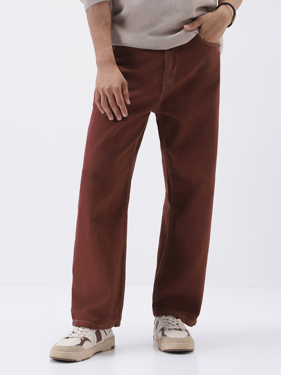 Men's Brown Loose Fit Washed Jeans Non-Stretchable