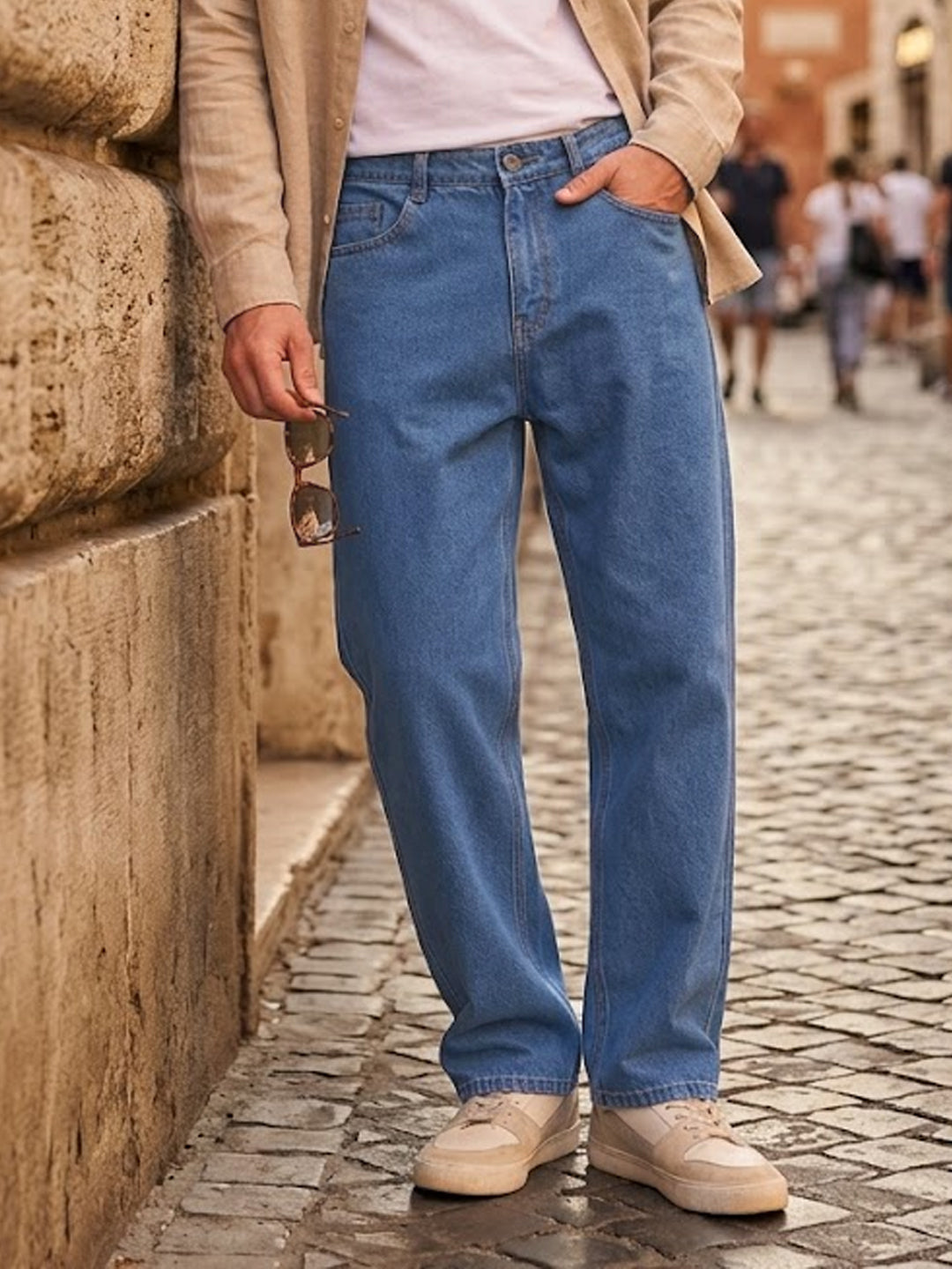 Men's Light Blue Loose Fit Washed Jeans Non-Stretchable