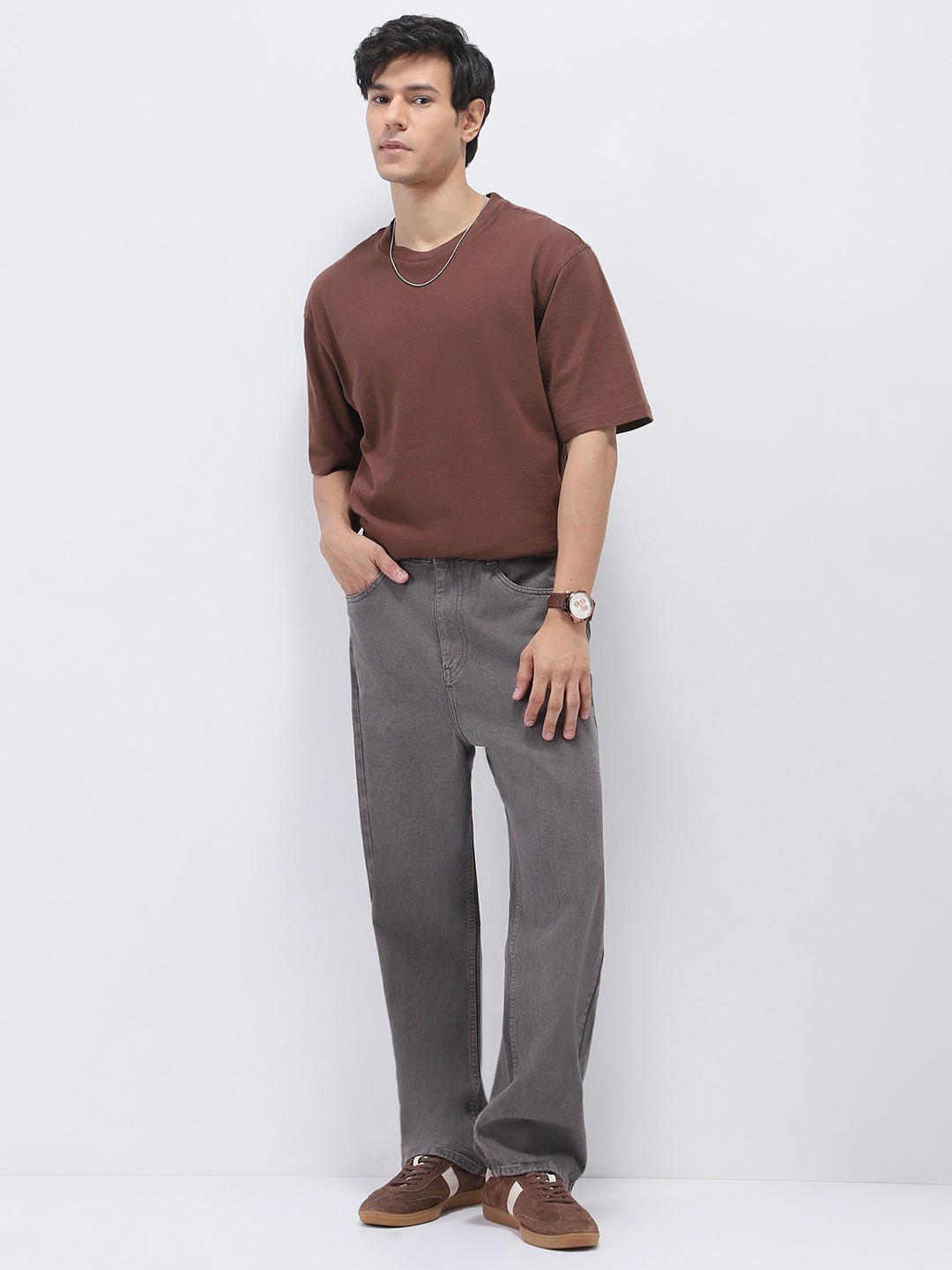 Men's Light Chocolate Loose Fit Washed Jeans Non-Stretchable