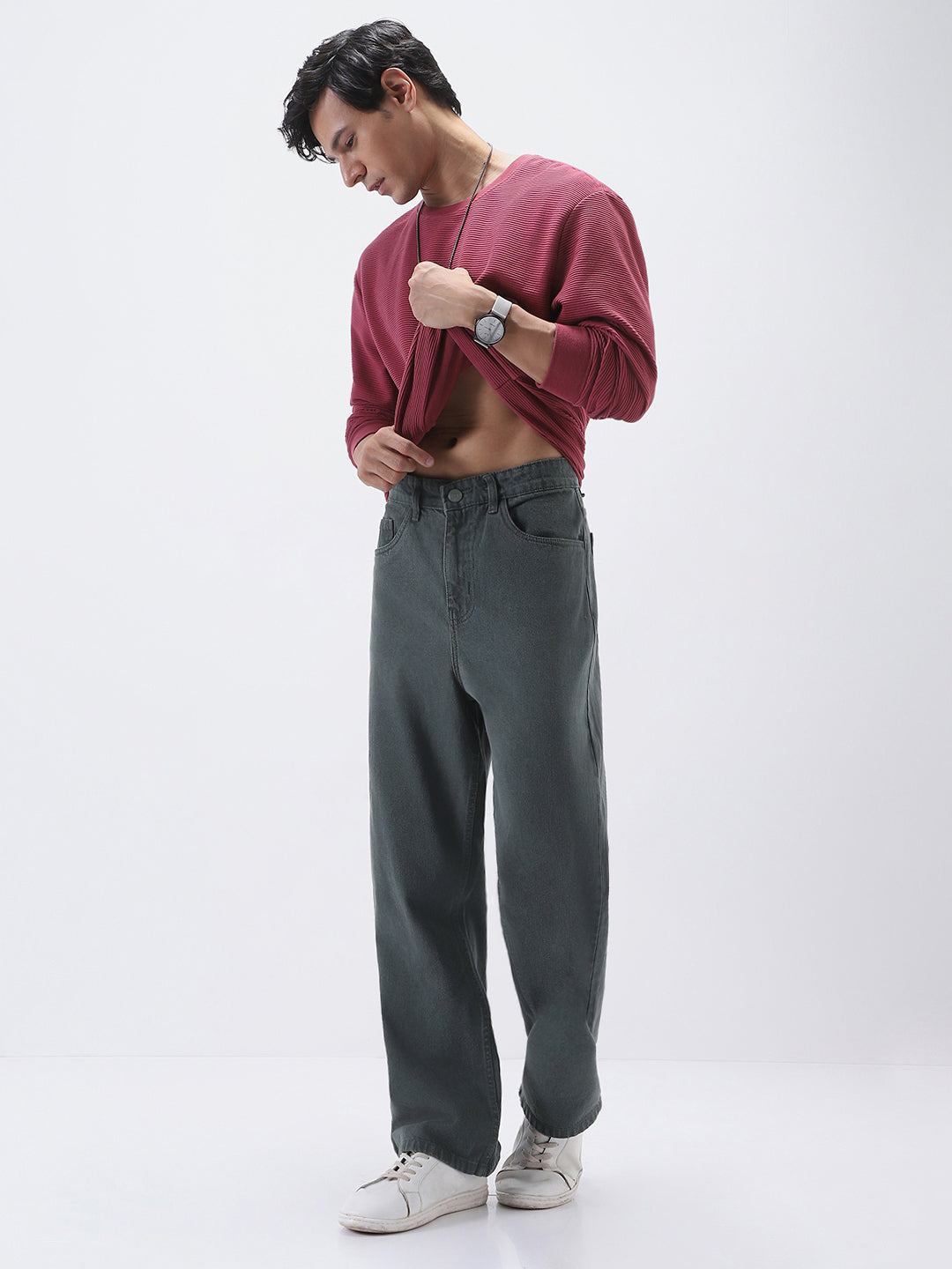 Men's Grey Loose Fit Washed Jeans Non-Stretchable