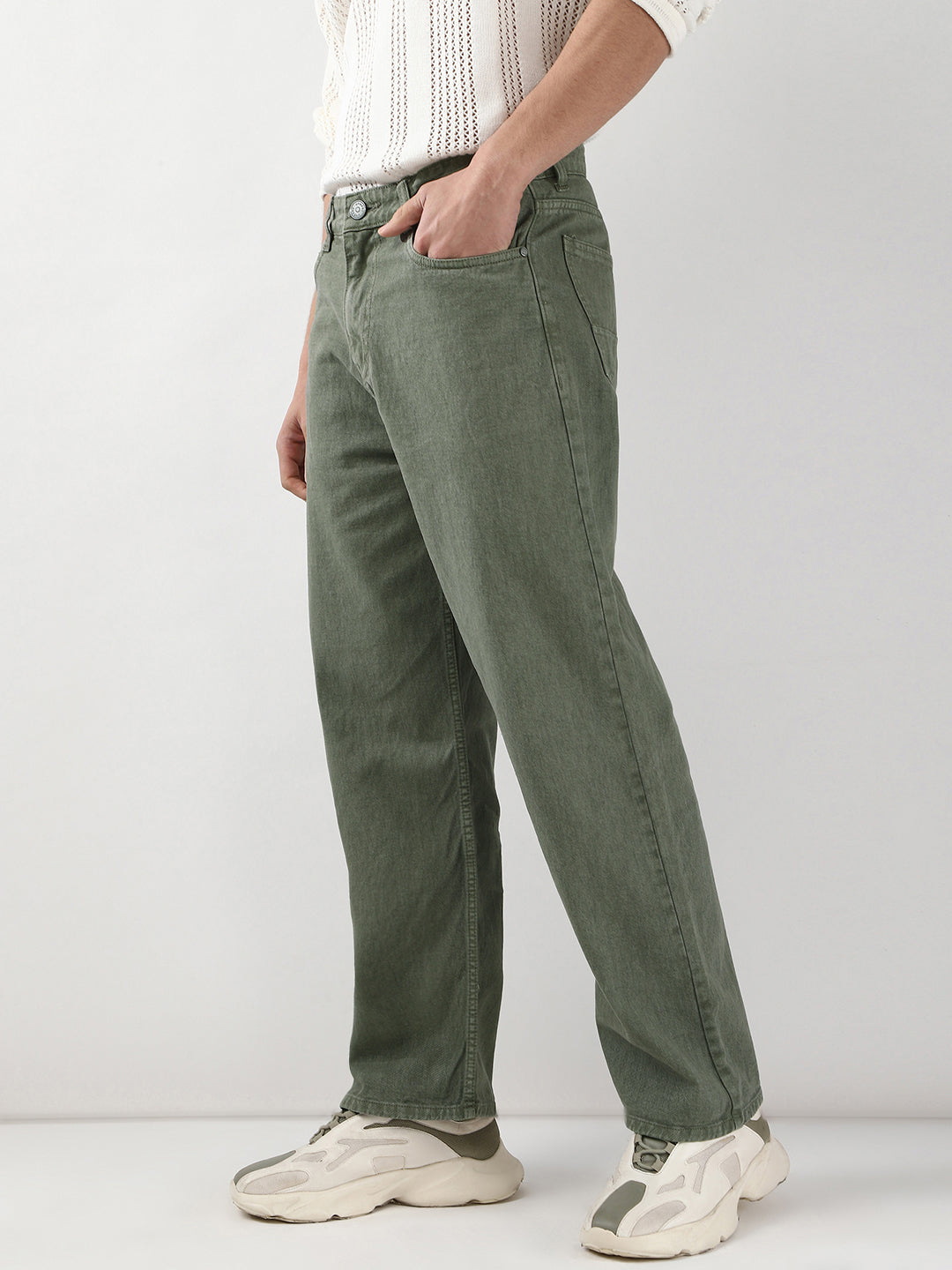 Men's Olive Green Loose Fit Washed Jeans Non-Stretchable