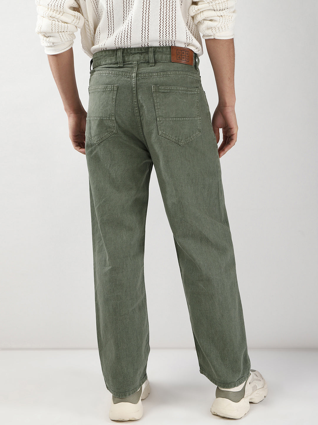 Men's Olive Green Loose Fit Washed Jeans Non-Stretchable
