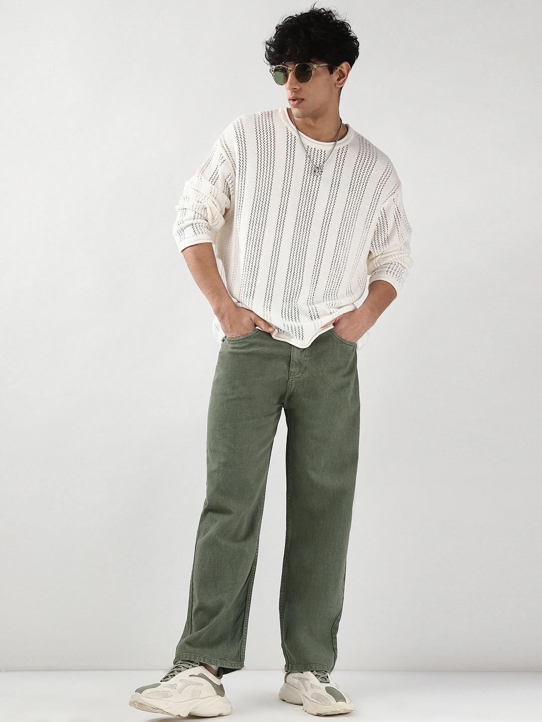 Men's Olive Green Loose Fit Washed Jeans Non-Stretchable