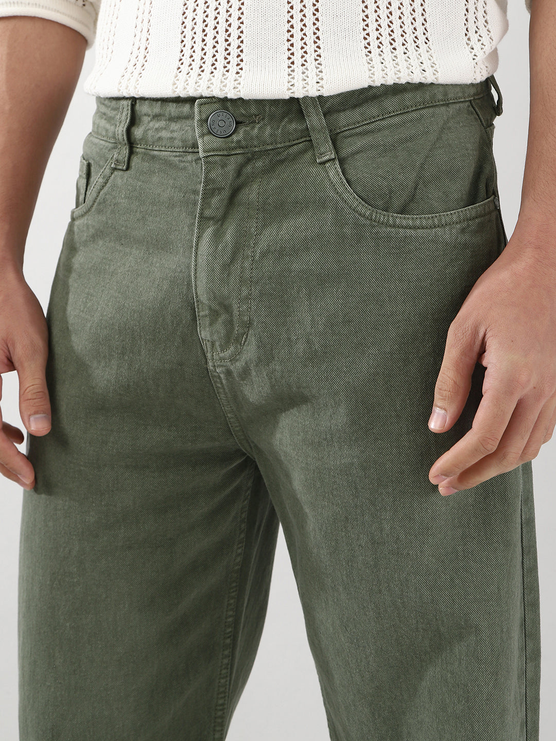 Men's Olive Green Loose Fit Washed Jeans Non-Stretchable