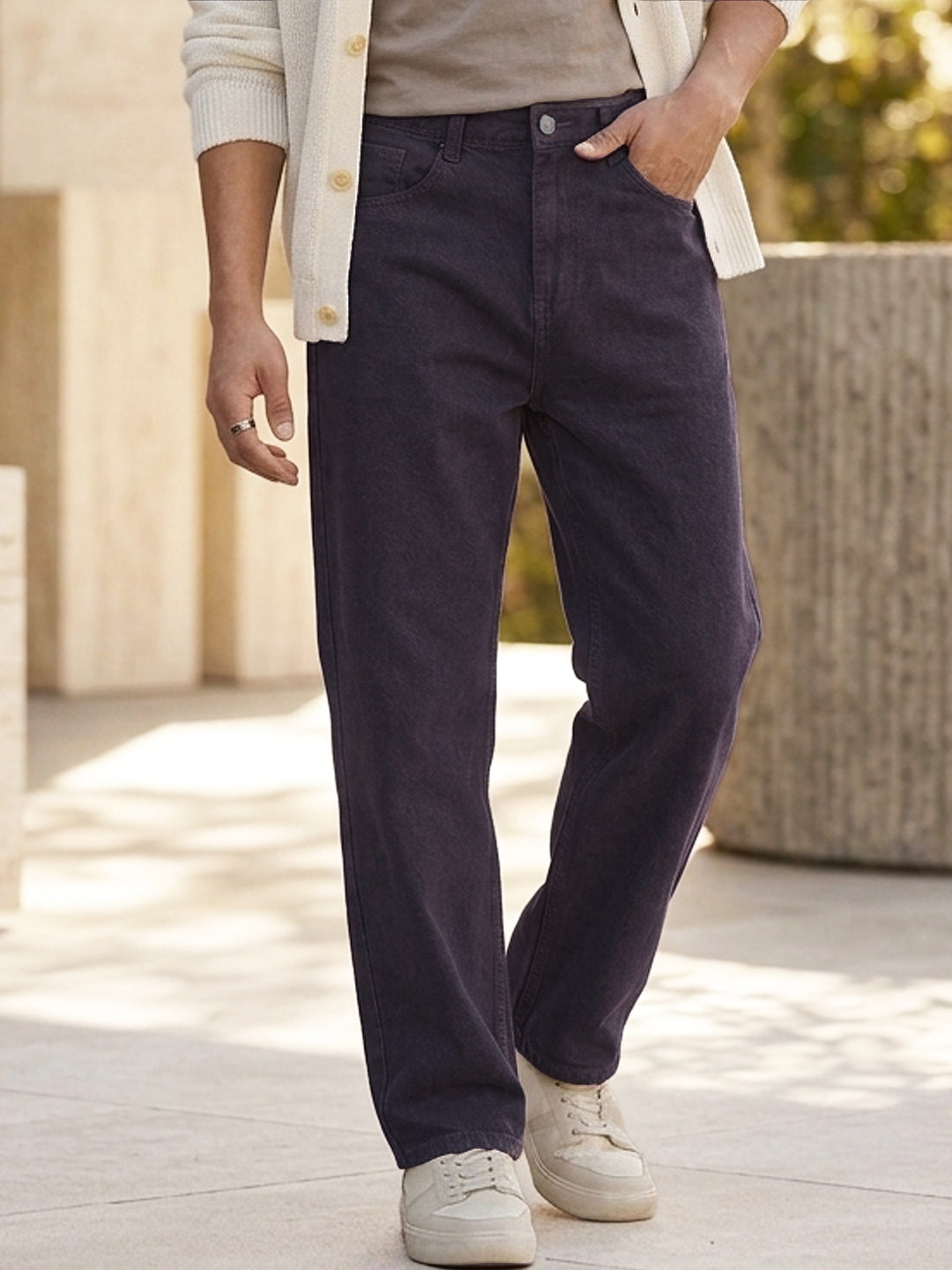 Men's Purple Loose Fit Washed Jeans Non-Stretchable