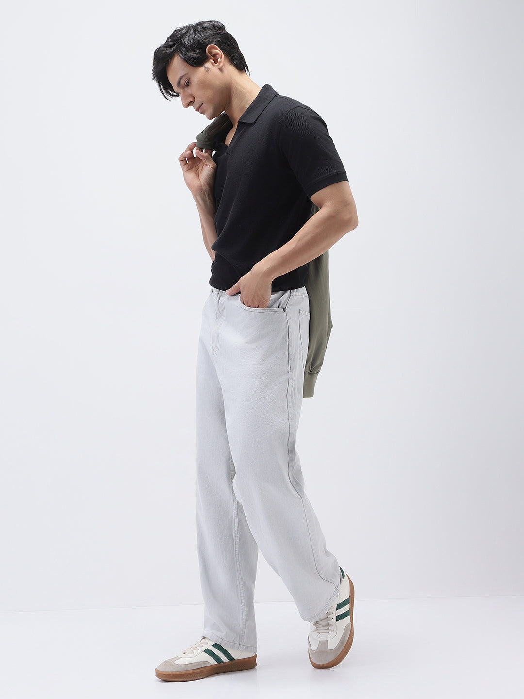 Men's Light Grey Loose Fit Washed Jeans Non-Stretchable