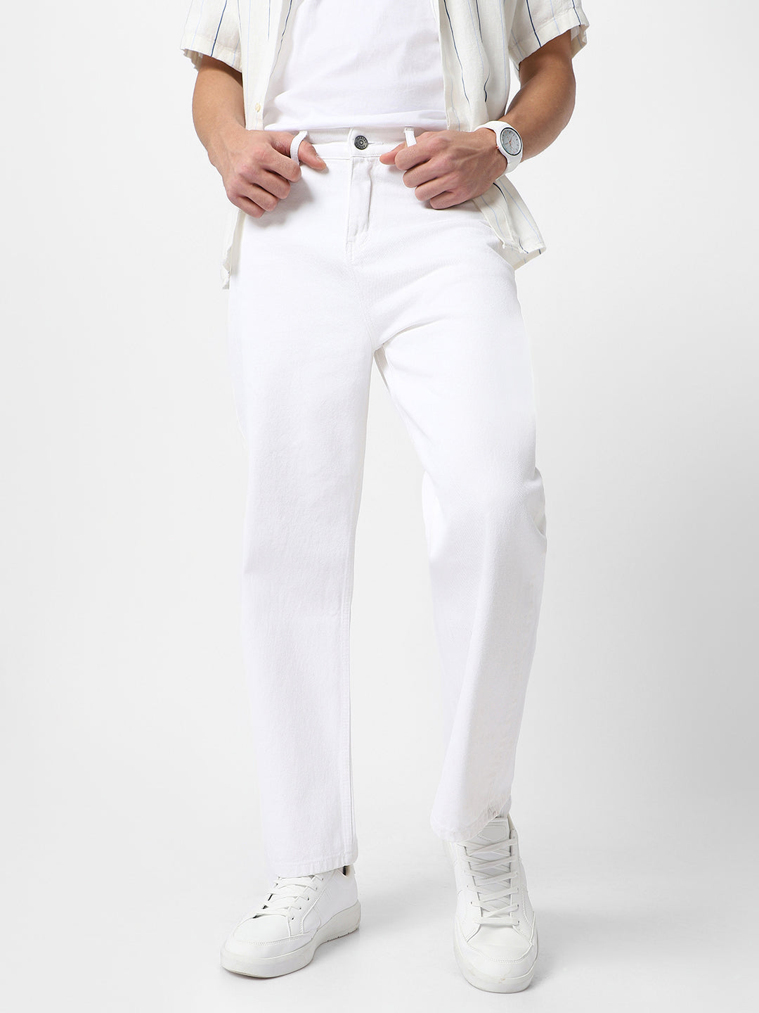 Men's White Loose Fit Washed Jeans Non-Stretchable