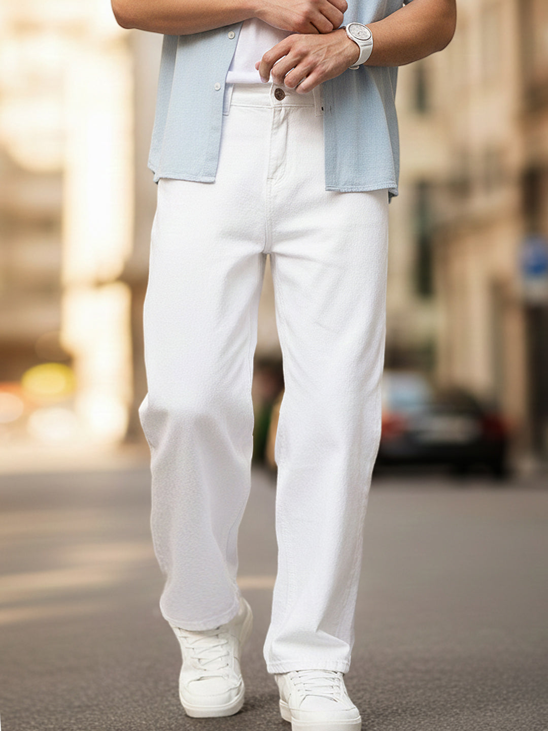 Men's White Loose Fit Washed Jeans Non-Stretchable