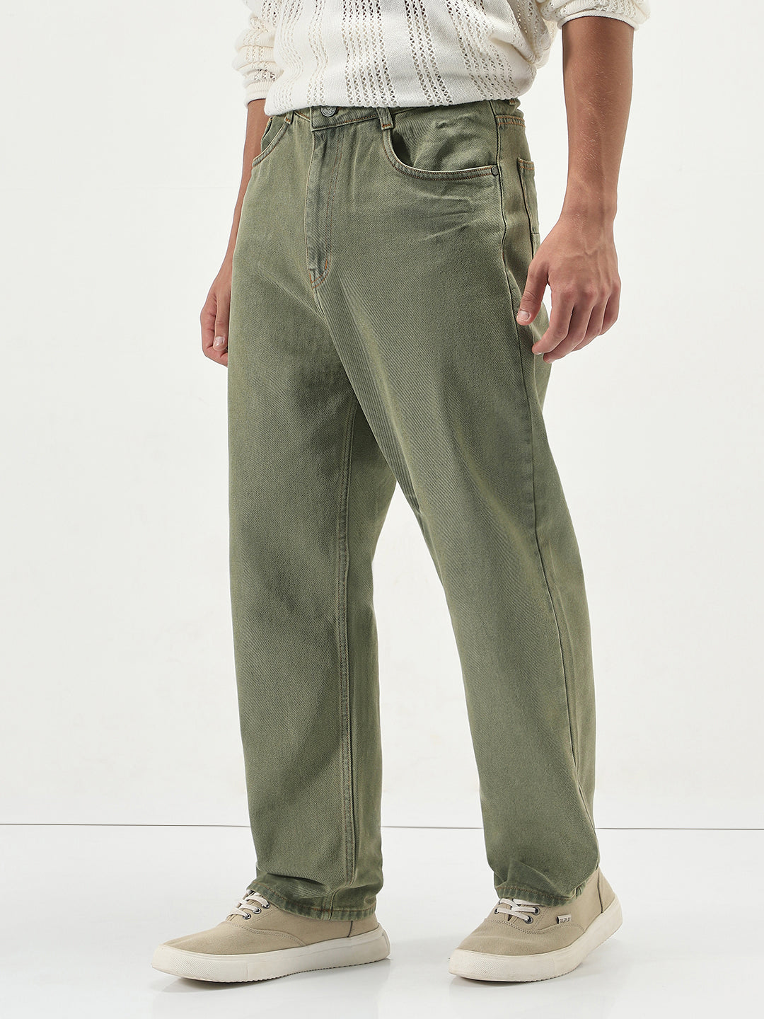 Men's Light Green  Loose Baggy Fit Washed Jeans Non-Stretchable