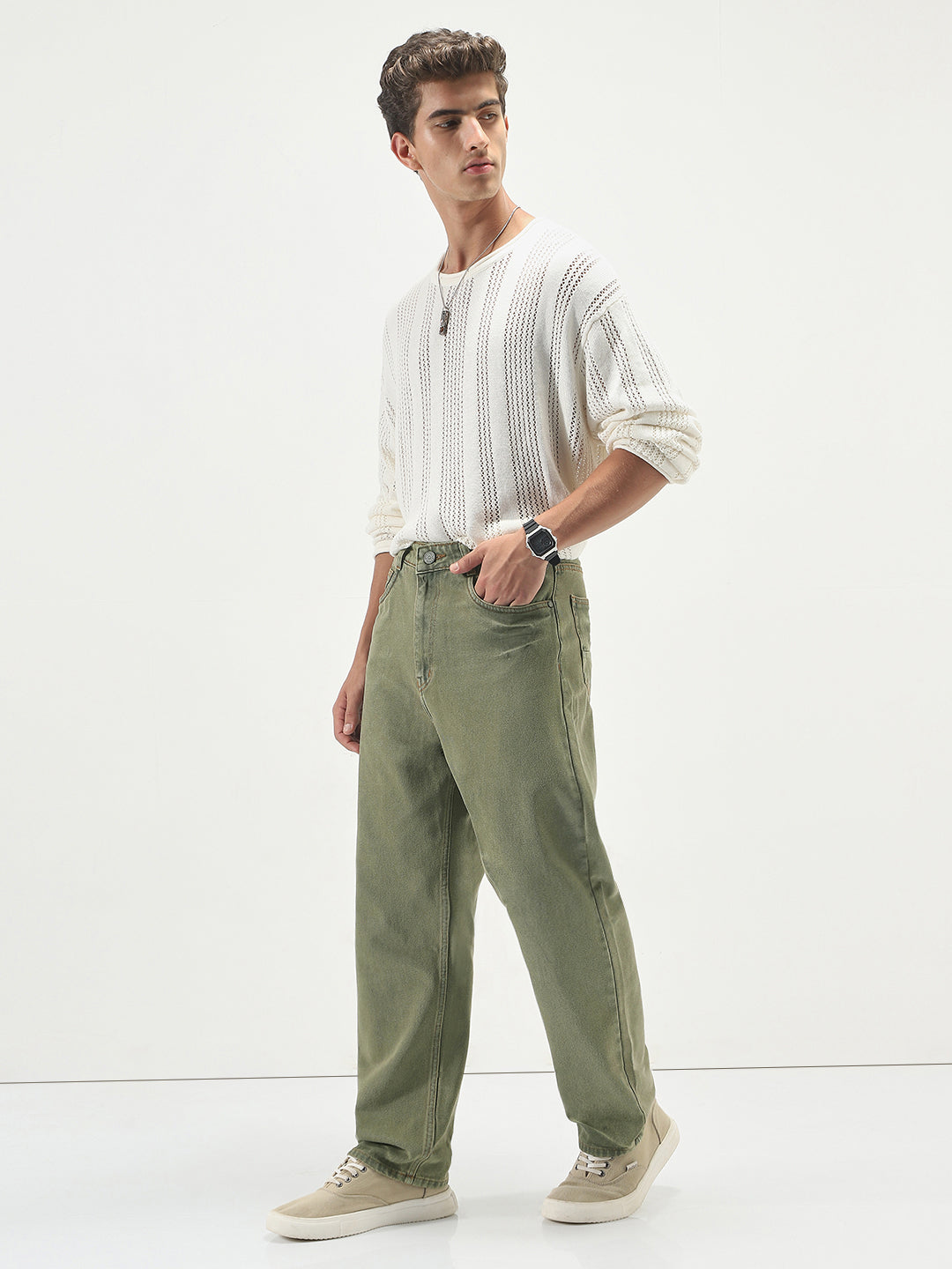 Men's Light Green  Loose Baggy Fit Washed Jeans Non-Stretchable