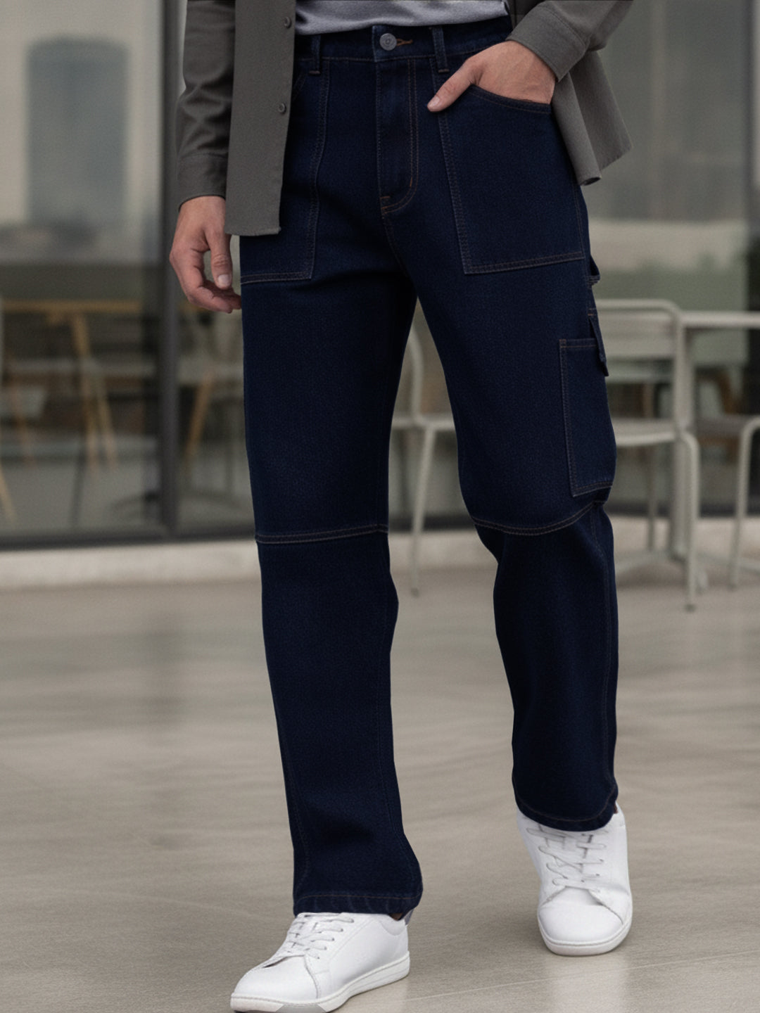 Men's Dark Blue Loose Baggy Fit Washed Cargo Jeans with 6 Pockets Non-Stretchable