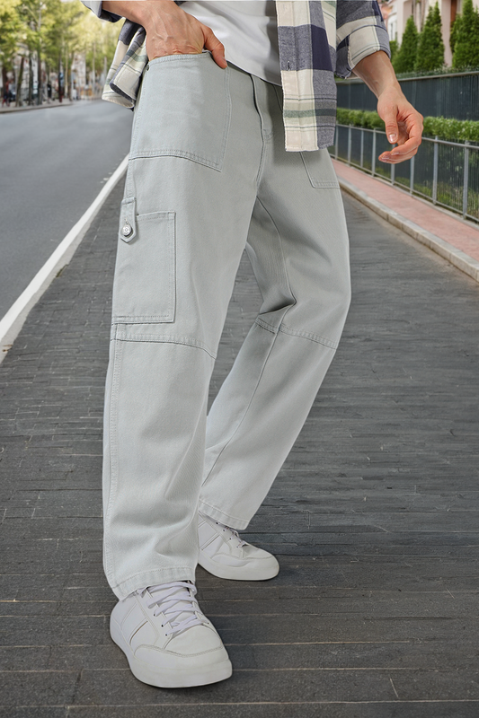 SILISOUL Men's Grey Baggy Fit Solid Cotton Denim Cargo Trousers main image 1