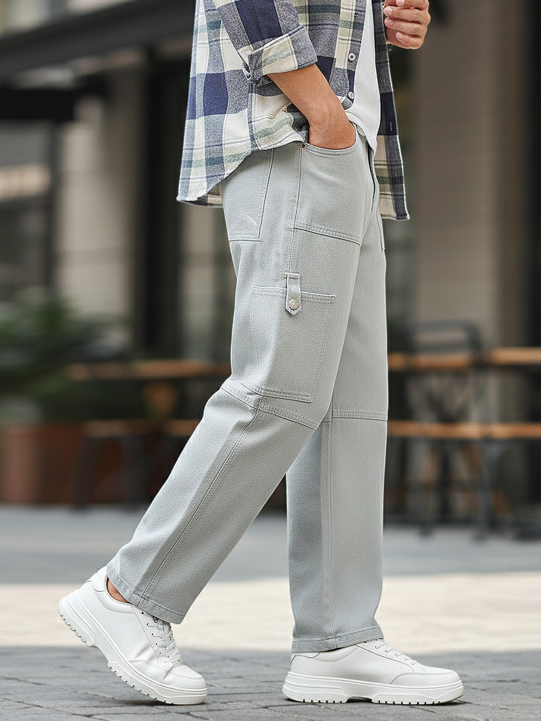 Men's Ice Grey Loose Baggy Fit Washed Cargo Jeans with 6 Pockets Non-Stretchable