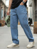 Men's Light Blue Loose Baggy Fit Washed Cargo Jeans with 6 Pockets Non-Stretchable