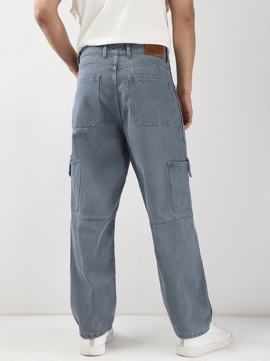 Men's Light Grey Loose Baggy Fit Washed Cargo Jeans with 6 Pockets Non-Stretchable