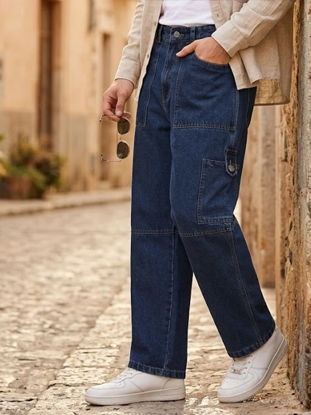 Men's Blue Loose Baggy Fit Washed Cargo Jeans with 6 Pockets Non-Stretchable