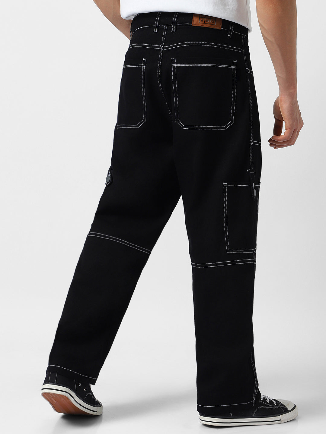 Men's Black Loose Baggy Fit Washed Cargo Jeans with 6 Pockets Non-Stretchable