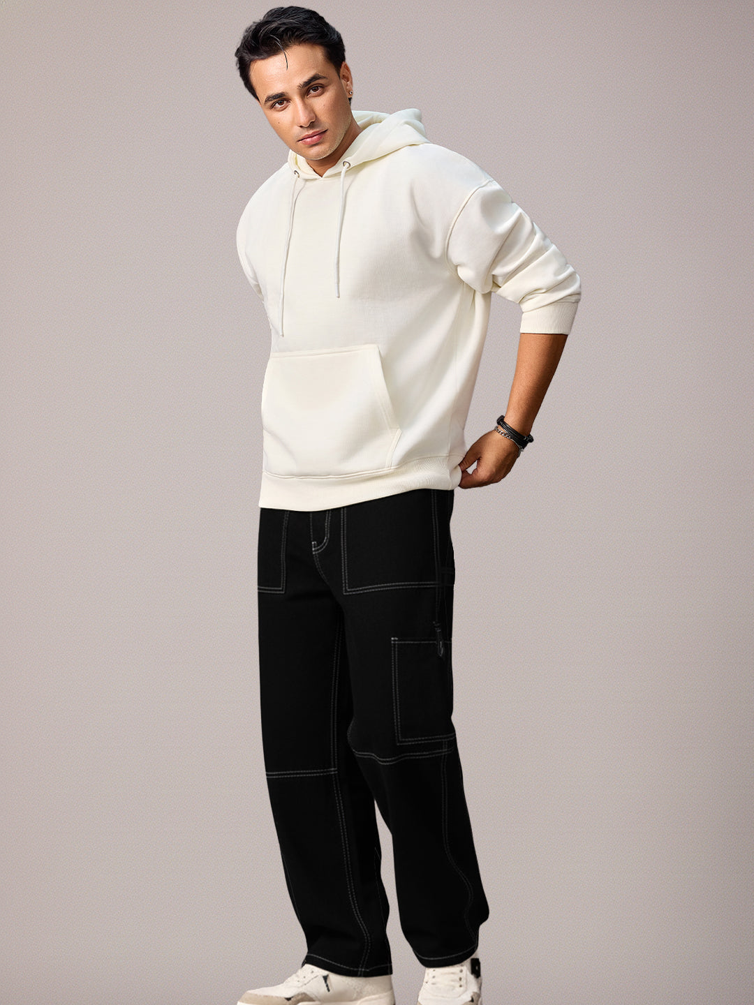 Men's Black Loose Baggy Fit Washed Cargo Jeans with 6 Pockets Non-Stretchable