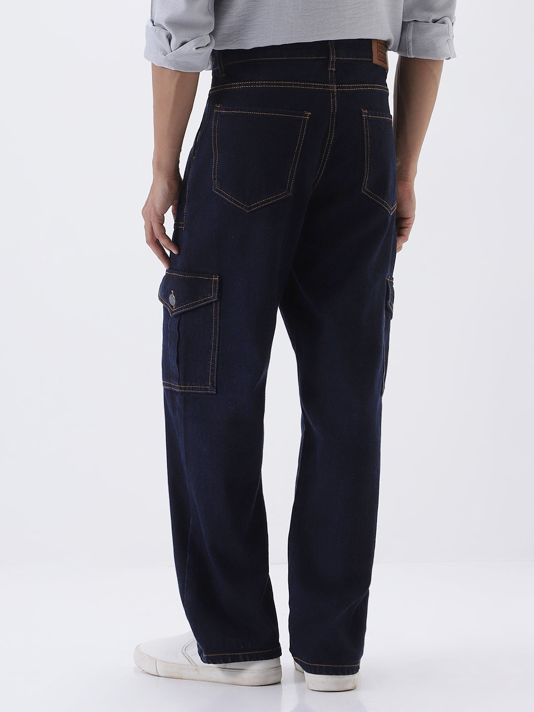 Men's Dark Blue Loose Fit Cargo Jeans with 6 Pockets Non-Stretchable