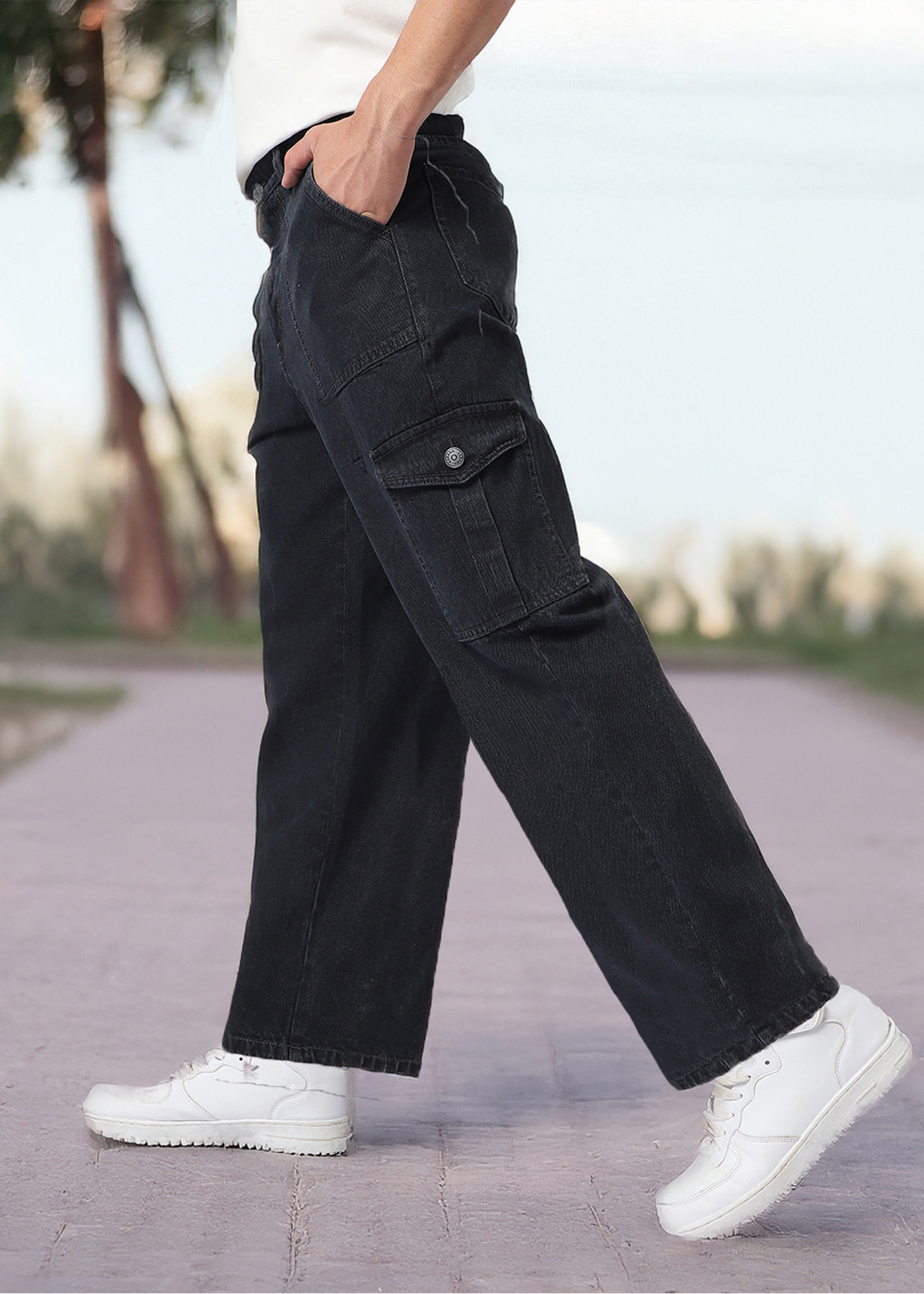 Men's Dark Grey Loose Fit Cargo Jeans with 6 Pockets Non-Stretchable