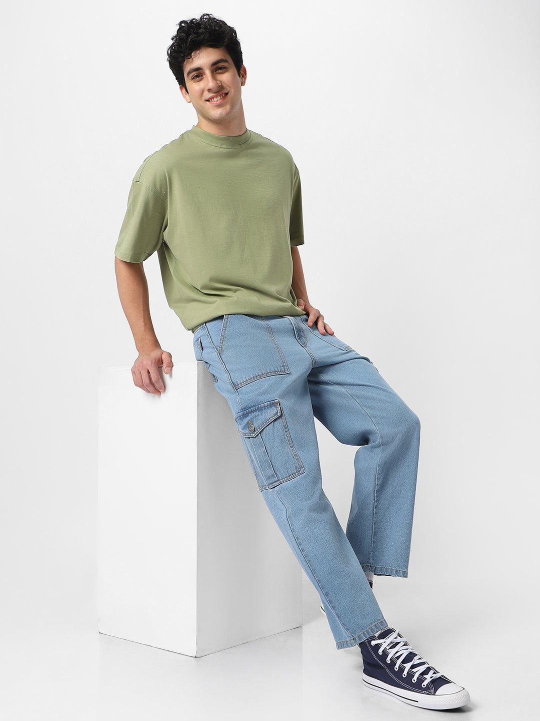 Men Ice Blue Loose Fit Cargo Jeans with 6 Pockets Non-Stretchable